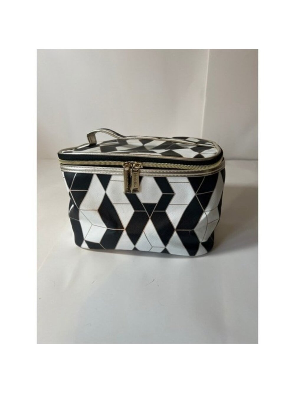 Modella Geometric Train Case Blackโ White Gold Cosmetic Makeup Travel Bag